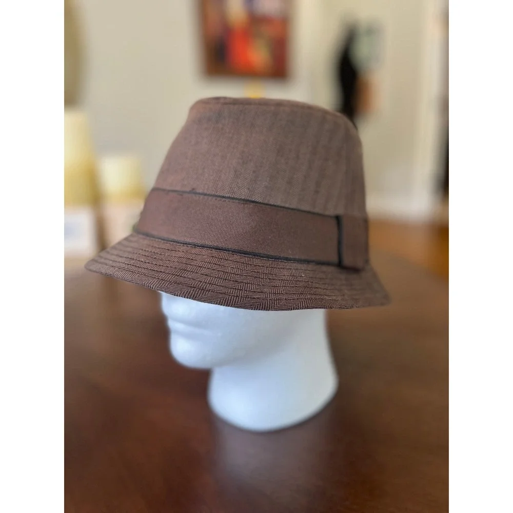 Dorfman Milano Brown Herringbone Fedora Hat Mens Large Stingy Brim Trilby Cap